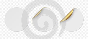 Vector white realistic circle paper stickers with golden corner isolated