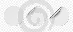 Vector white realistic circle paper stickers with silver corner isolated