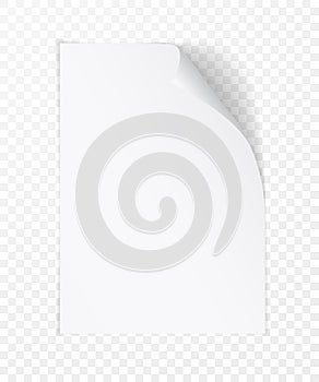 Vector white realistic paper page with curled corner. Paper sheet folded with soft shadows on light transparent background. A4 pag