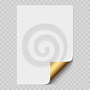 Vector white realistic paper page mockup with golden corner curled