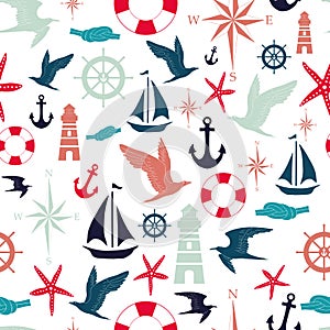 Vector white and red nautical elements seamless pattern background