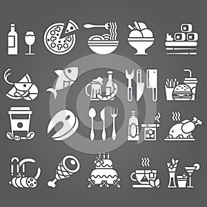 Vector white Set of flat icons and elements about food and drink for cuisine web restaurant menu