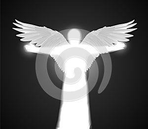 Vettore bianco brillante angelo una foto ali un espandere mani sul buio 