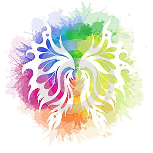 Vector white silhouette of fairy wings on rainbow watercolor splashes and white background. Bright butterfly wings