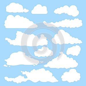 Vector White Silhouette Shapes of Clouds on Blue Background