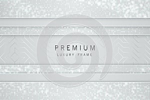 Vector white and silver abstract headline luxury frame. Sparkling sequins on light gray background. Horizontal line premium label