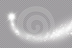 Vector white sparkling falling star. Stardust trail. Cosmic glittering wave. PNG. photo