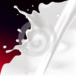 Vector white splash and pour milk illustration on dark red