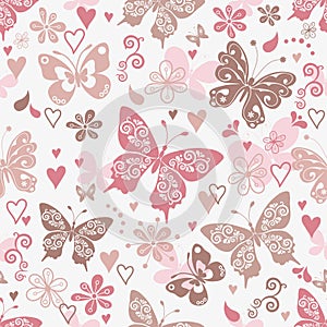 Vector white spring seamless pattern with pastel butterflies