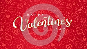 Vector white Valentine`s day lettering on red hearts background