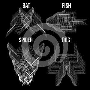 Vector white wavy optical line drawing,abstract icons of bat, fish, spider and dog