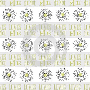 Vector White Yellow Daisy Flowers with Text on Gray White Stripes Seamless Repeat Pattern. Background for textiles