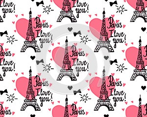 Vector Wide Seamless pattern. Illustration black ink Eiffel Tower. Inscription Paris I love you