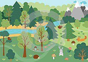 Vector wild forest scene with trees, mountains, animals, birds. Spring or summer woodland scenery with flowers, plants, mushrooms
