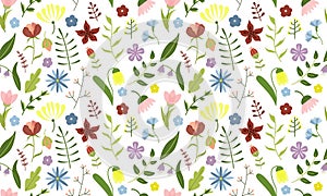 Vector Wildflowers Seamless Pattern, Watercolor Style