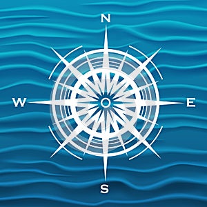 Vector wind rose over blue waves background