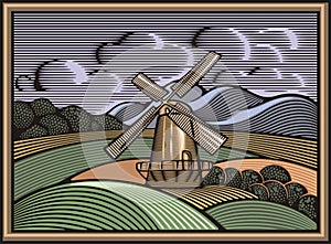 Vector Windmill Illustration in Woodcut Style. Organic Farming.
