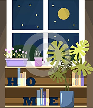 Vector window with a view of the night city, with a flower on the windowsill and a Cup of tea. A flat illustration of a