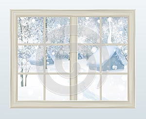 Vector window with view of snowy background.