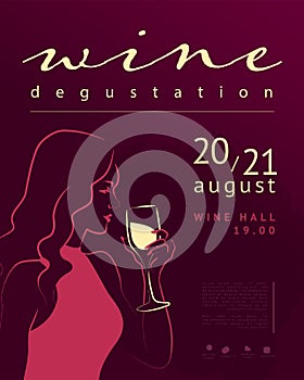 Vector wine degustation poster template with hand drawn portrait of young beautiful lady in pink dress hold wine glass on dark bac photo