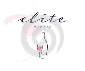 Vector wine label logo design template with wine glass and wine bottle isolated on white background.