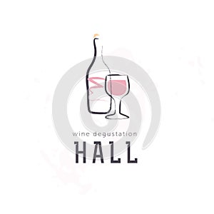 Vector wine label logo design template with wine glass and wine bottle isolated on white background.