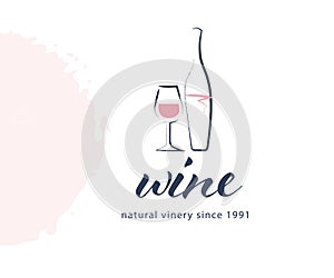 Vector wine label logo design template with wine glass and wine bottle isolated on white background.