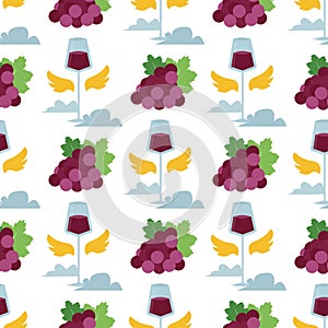 Vector wine seamless pattern with silhouettes of grape bakground organic celebration decorative fresh berry branch.