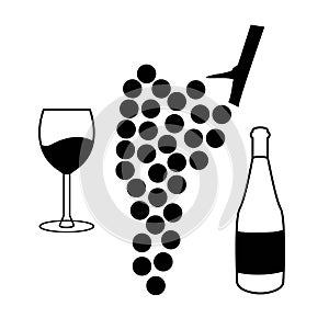 Vector wine set of icons - grapes, bottle and glass