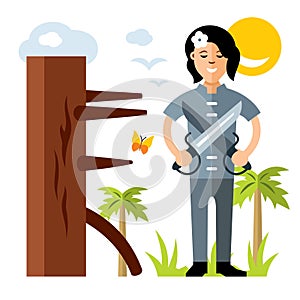 Vector Wing Chun kung fu Girl with two swords, wooden dummy. Flat style colorful Cartoon illustration.