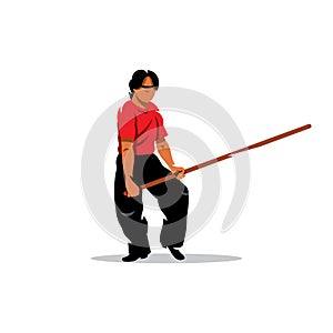 Vector Wing Chun kung fu Man with a stick. Cartoon Illustration.