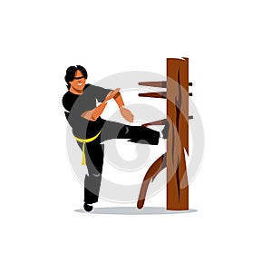 Vector Wing Chun kung fu Man at a wooden dummy. Cartoon Illustration.