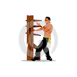 Vector Wing Chun kung fu Man at a wooden dummy. Cartoon Illustration.