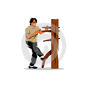 Vector Wing Chun kung fu Man at a wooden dummy. Cartoon Illustration.