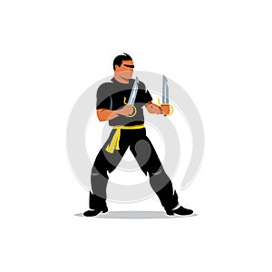 Vector Wing Chun kung fu Master with two swords. Cartoon Illustration.