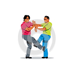 Vector Wing Chun kung fu sparring Cartoon Illustration.