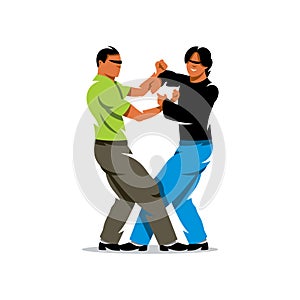 Vector Wing Chun kung fu sparring Cartoon Illustration.