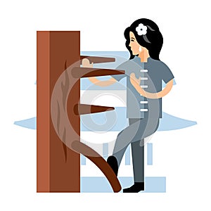 Vector Wing Chun kung fu Woman at a wooden dummy. Flat style colorful Cartoon illustration.