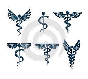 Vector winged Caduceus illustrations collection. Pharmacology