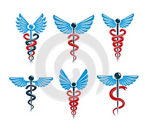 Vector winged Caduceus illustrations collection. Pharmacology an