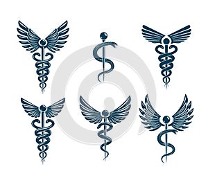 Vector winged Caduceus illustrations collection. Pharmacology an photo