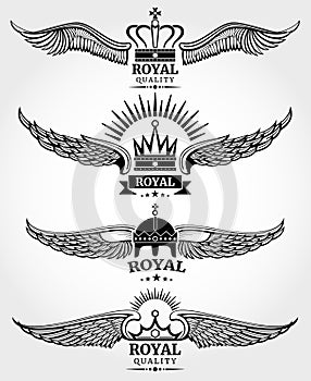 Vector winged crowns royal logo templates set in black and white