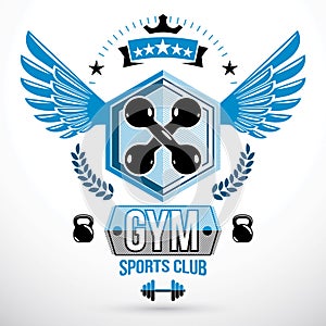Vector winged graphic sign created with dumbbells crossed and kettle bells sport equipment. Fitness and heavyweight gym sport