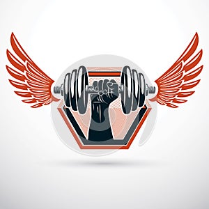 Vector winged illustration, bodybuilder muscular arm holding dumbbell. Power lifting and cross fit.