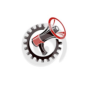 Vector winged illustration composed with megaphone equipment surrounded by engineering cog wheel. Proletarian revolution abstract