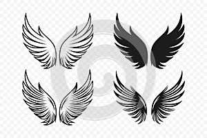 Vector Wings. Black Monochrome Angel Wings Silhouette. Design Template, Clipart. Cupid, Bird Wings. Vector Illustration