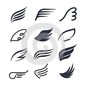 Vector wings icon set. Bird or angel wing silhouette illustration design feather