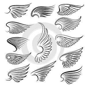 Vector wings isolated on white background. Cartoon tattoo, tribal and vintage heraldic wing set
