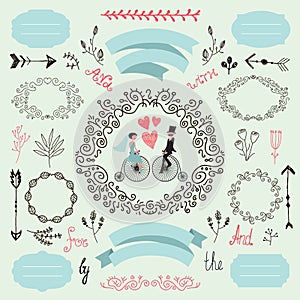 Vector wintage wedding set, romantic, love collection. Hand drawn design elements, frames, robbons, arrows