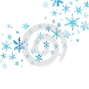 Vector winter background with hand drawn watercolor snow and snowflakes on white